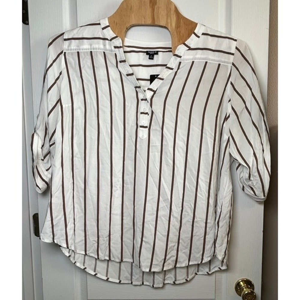 NWT Torrid Harper Challis V-Neck White w/ Brown Stripes 3/4 Tunic Blouse 4X